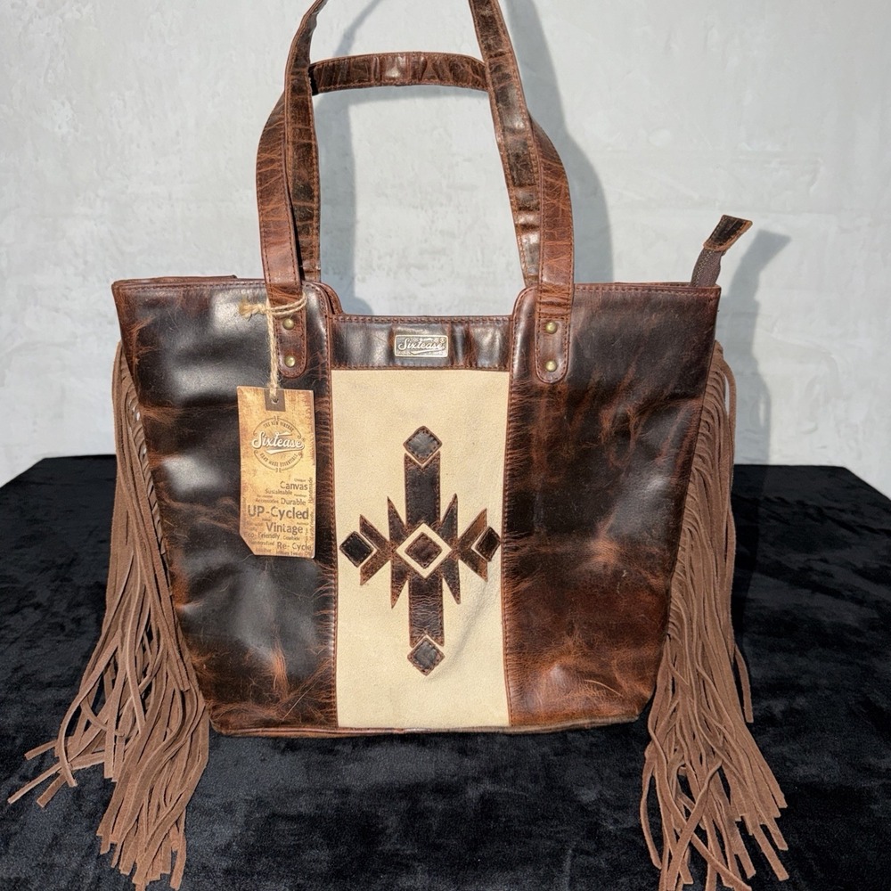 SIXTEASE Leather Fringe Brown Tote Purse Bag Cowgirl Western New